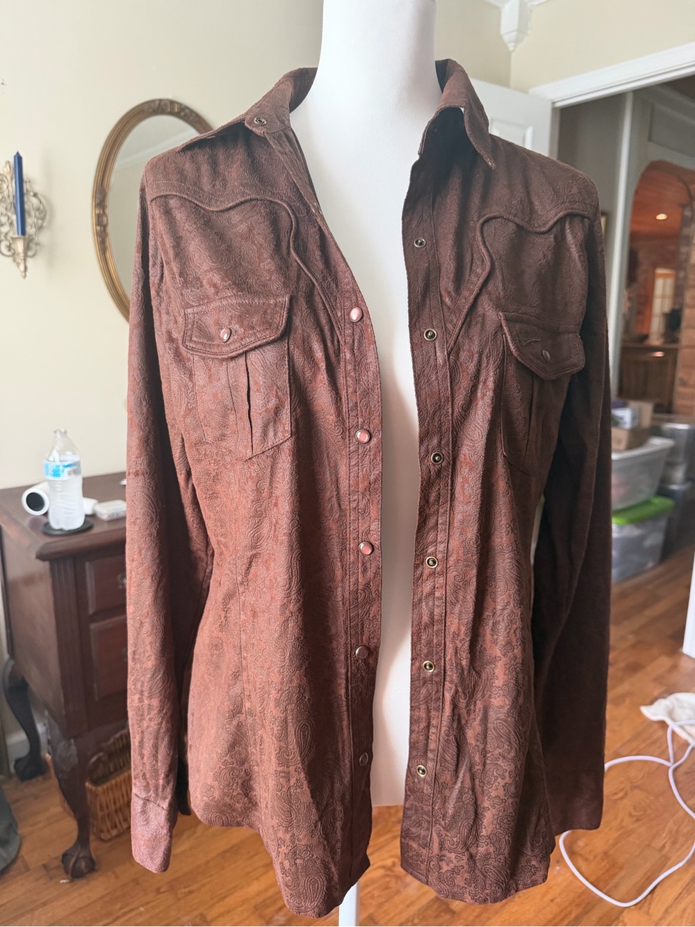 Womens Brown Paisley-Print Button Front Blouse